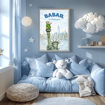 Babar the Elephant en Amérique Poster - Statue of Liberty Wall Art - Laurent de Brunhoff Vintage Print