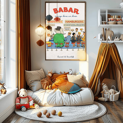 Babar the Elephant Mange Dans Un Diner Poster - Vintage American Diner Print - Laurent de Brunhoff Art