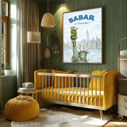 Babar the Elephant en Amérique Poster - Statue of Liberty Wall Art - Laurent de Brunhoff Vintage Print