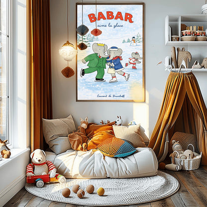 Babar the Elephant Aime La Glace Poster - Vintage Ice Skating Print - Laurent de Brunhoff Art