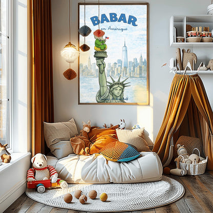 Babar the Elephant en Amérique Poster - Statue of Liberty Wall Art - Laurent de Brunhoff Vintage Print