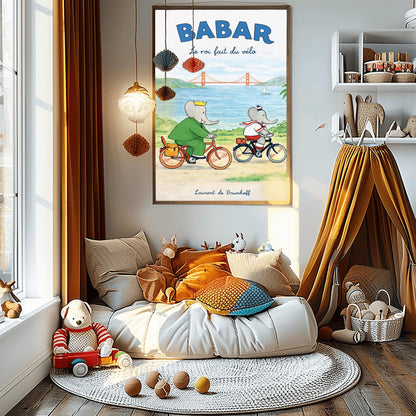 Babar the Elephant Le Roi Fait Du Vélo Poster - Vintage San Francisco Cycling Print - Laurent de Brunhoff Art