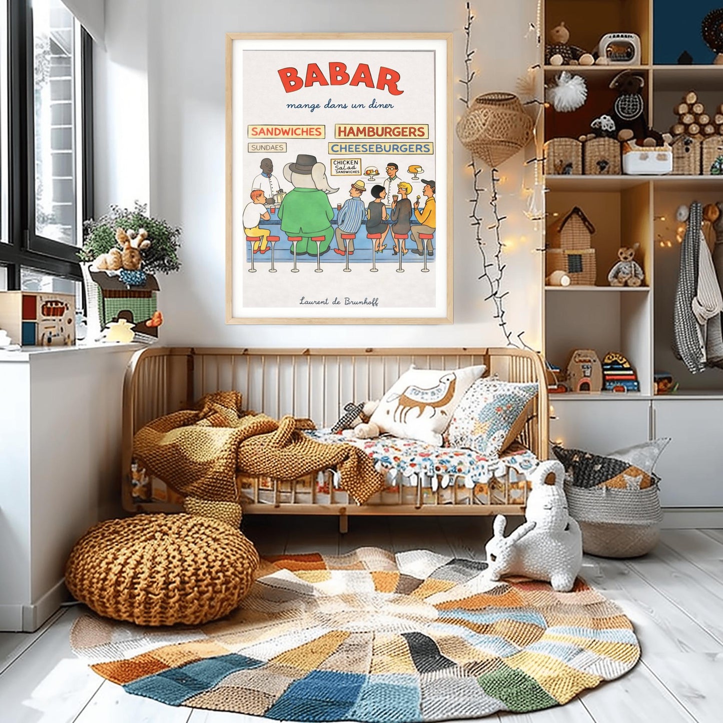 Babar the Elephant Mange Dans Un Diner Poster - Vintage American Diner Print - Laurent de Brunhoff Art