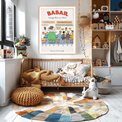 Babar the Elephant Mange Dans Un Diner Poster - Vintage American Diner Print - Laurent de Brunhoff Art