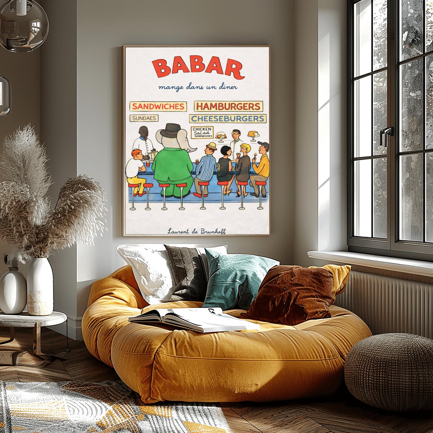 Babar the Elephant Mange Dans Un Diner Poster - Vintage American Diner Print - Laurent de Brunhoff Art