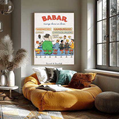 Babar the Elephant Mange Dans Un Diner Poster - Vintage American Diner Print - Laurent de Brunhoff Art