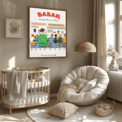 Babar the Elephant Mange Dans Un Diner Poster - Vintage American Diner Print - Laurent de Brunhoff Art