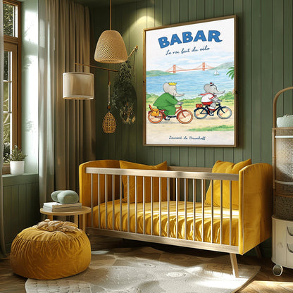 Babar the Elephant Le Roi Fait Du Vélo Poster - Vintage San Francisco Cycling Print - Laurent de Brunhoff Art