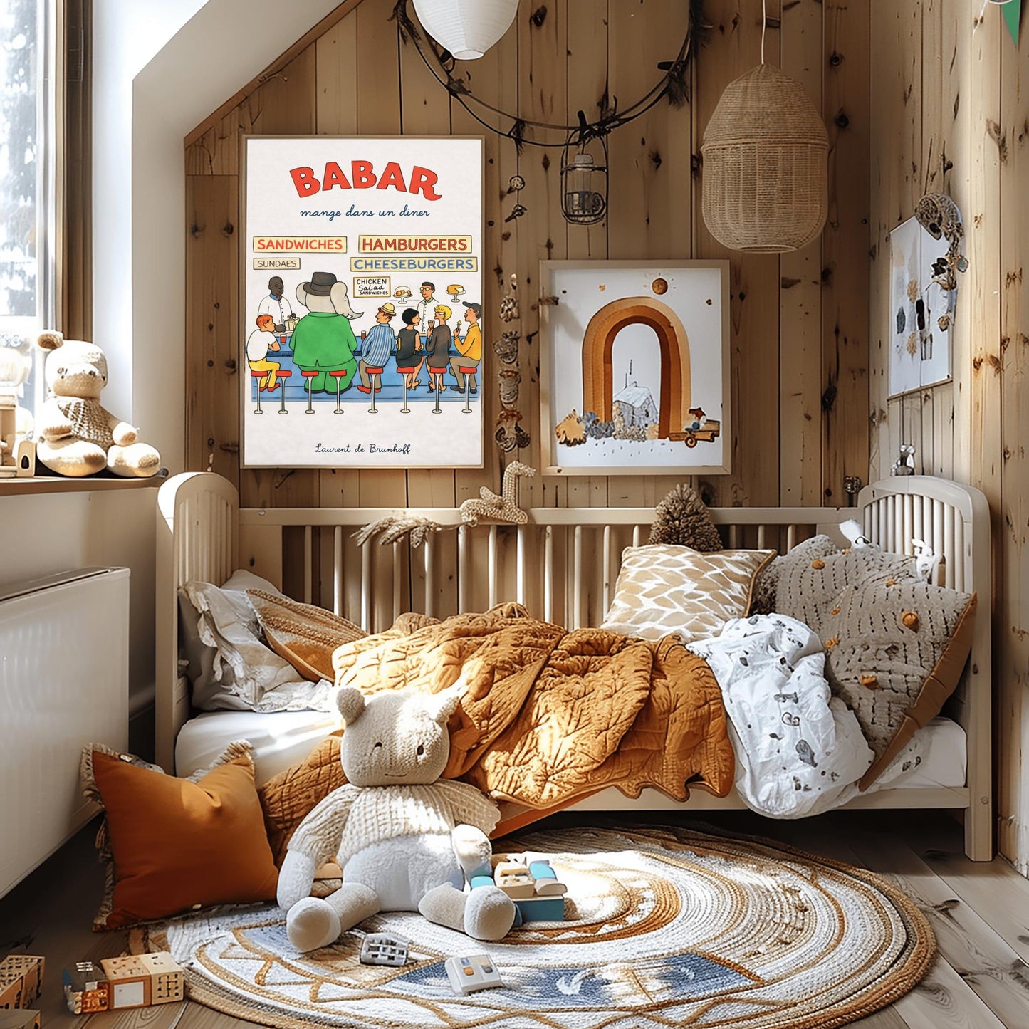 Babar the Elephant Mange Dans Un Diner Poster - Vintage American Diner Print - Laurent de Brunhoff Art