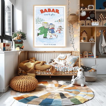Babar the Elephant Aime La Glace Poster - Vintage Ice Skating Print - Laurent de Brunhoff Art