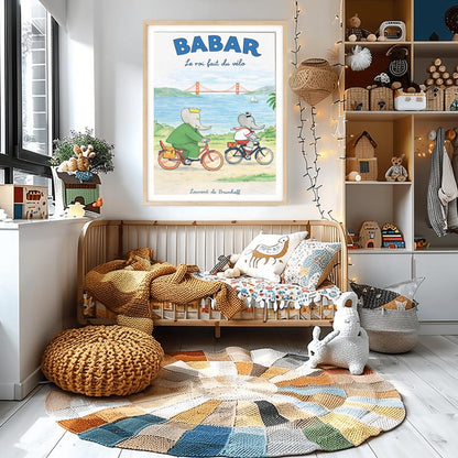 Babar the Elephant Le Roi Fait Du Vélo Poster - Vintage San Francisco Cycling Print - Laurent de Brunhoff Art