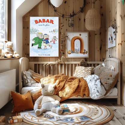 Babar the Elephant Aime La Glace Poster - Vintage Ice Skating Print - Laurent de Brunhoff Art