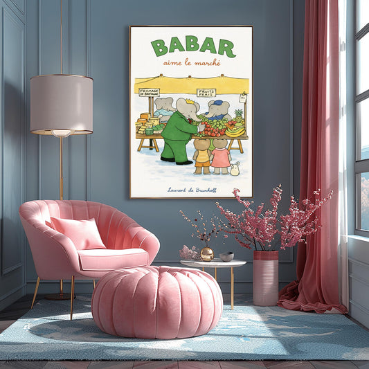 Babar the Elephant Aime Le Marché Poster - French Farmers Market Print - Laurent de Brunhoff Art