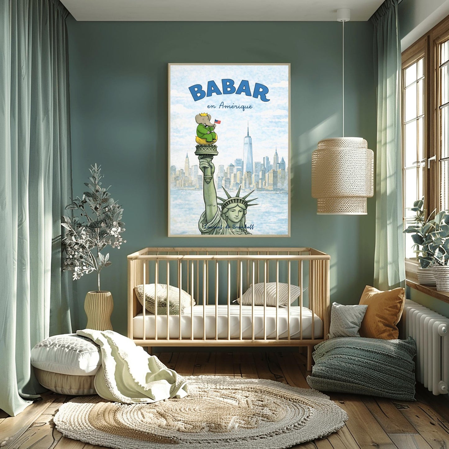 Babar the Elephant en Amérique Poster - Statue of Liberty Wall Art - Laurent de Brunhoff Vintage Print