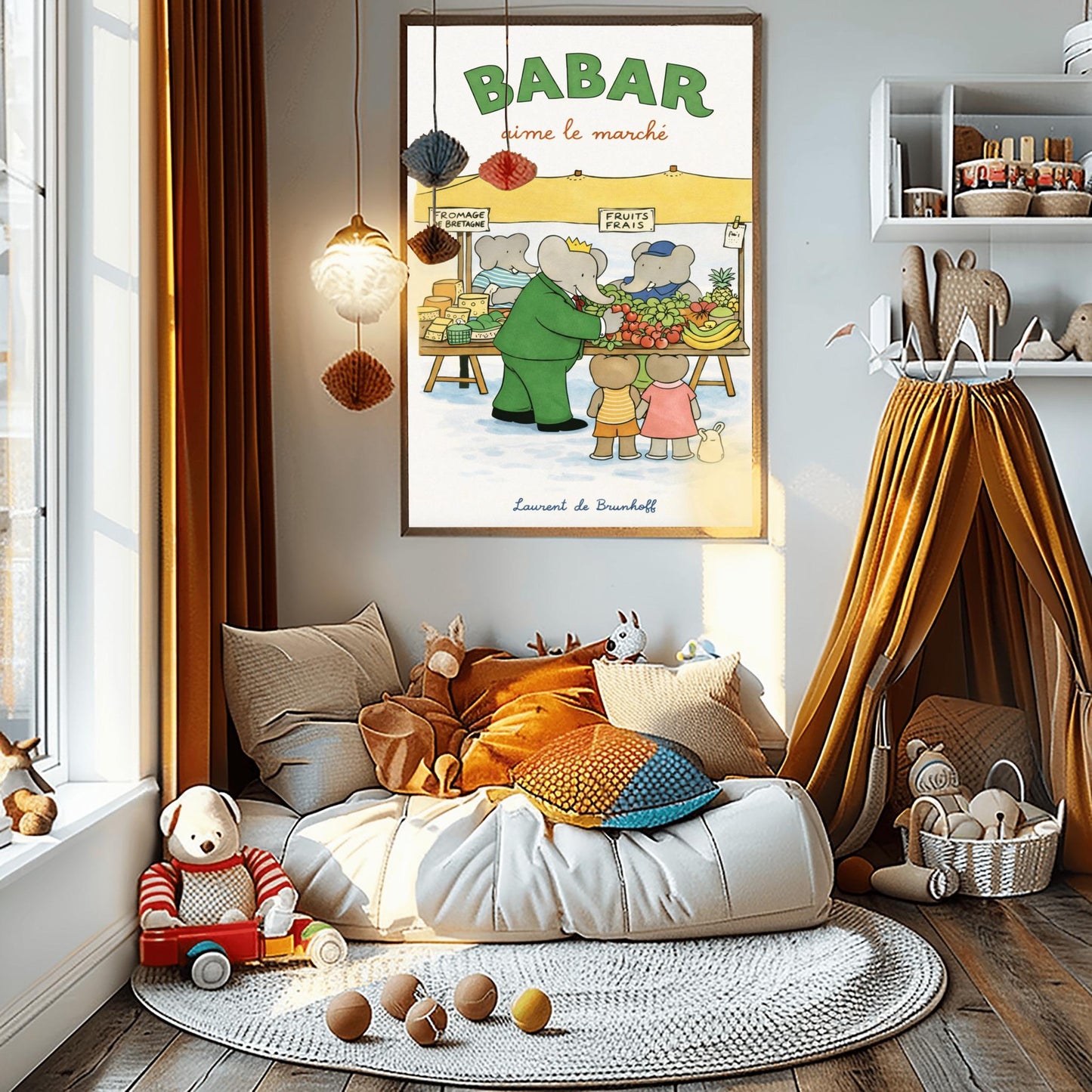 Babar the Elephant Aime Le Marché Poster - French Farmers Market Print - Laurent de Brunhoff Art