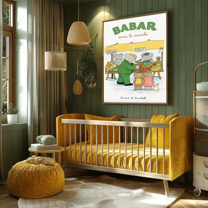 Babar the Elephant Aime Le Marché Poster - French Farmers Market Print - Laurent de Brunhoff Art
