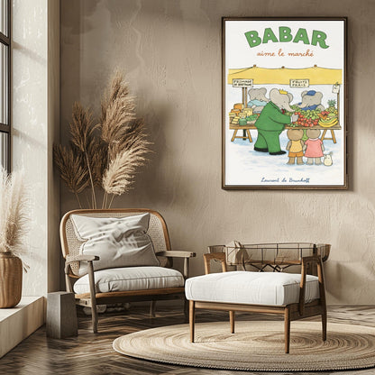 Babar the Elephant Aime Le Marché Poster - French Farmers Market Print - Laurent de Brunhoff Art