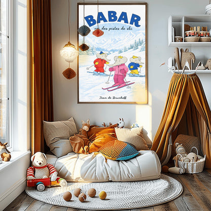 Babar The Elephant Roi Des Pistes De Ski Poster - Vintage Elephant Skiing Print - Jean de Brunhoff Retro Art