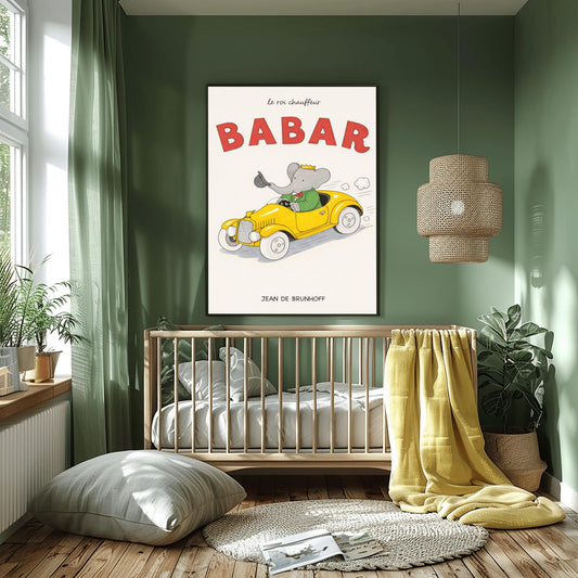 Babar The Elephant Le Roi Chauffeur Poster - Retro Yellow Race Car Print - Jean de Brunhoff Vintage Art