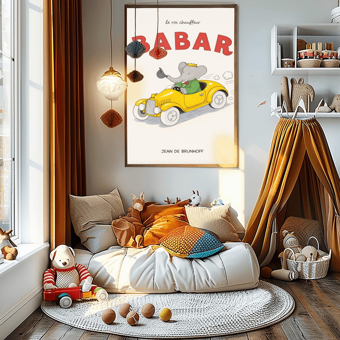 Babar The Elephant Le Roi Chauffeur Poster - Retro Yellow Race Car Print - Jean de Brunhoff Vintage Art