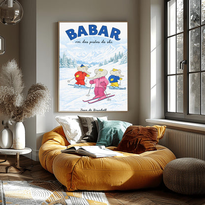 Babar The Elephant Roi Des Pistes De Ski Poster - Vintage Elephant Skiing Print - Jean de Brunhoff Retro Art