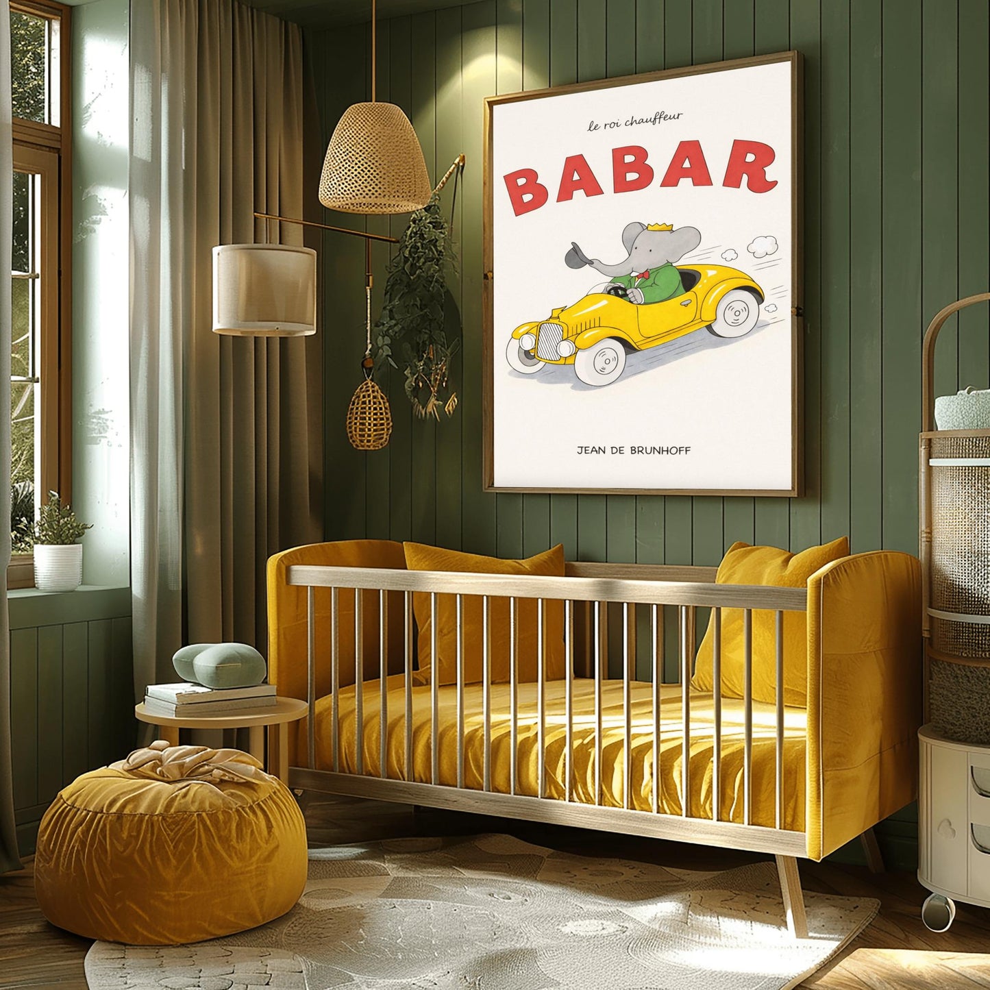 Babar The Elephant Le Roi Chauffeur Poster - Retro Yellow Race Car Print - Jean de Brunhoff Vintage Art