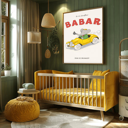 Babar The Elephant Le Roi Chauffeur Poster - Retro Yellow Race Car Print - Jean de Brunhoff Vintage Art