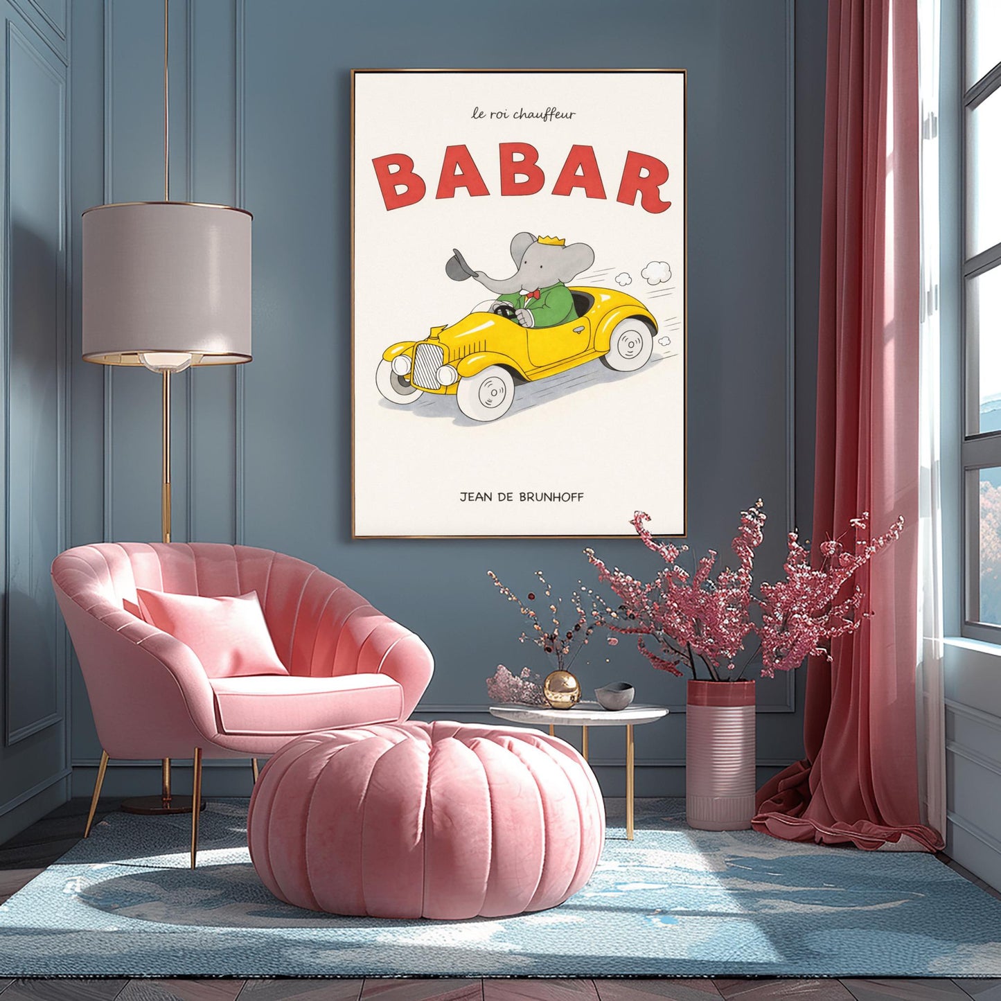 Babar The Elephant Le Roi Chauffeur Poster - Retro Yellow Race Car Print - Jean de Brunhoff Vintage Art