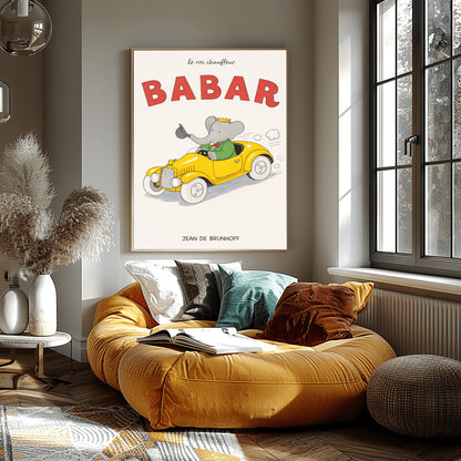 Babar The Elephant Le Roi Chauffeur Poster - Retro Yellow Race Car Print - Jean de Brunhoff Vintage Art