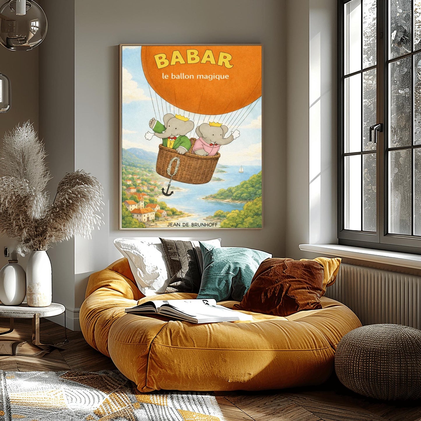 Babar The Elephant Hot Air Balloon Poster - Babar le ballon magique Print - Vintage Nursery Wall Art - Classic French Storybook Illustration