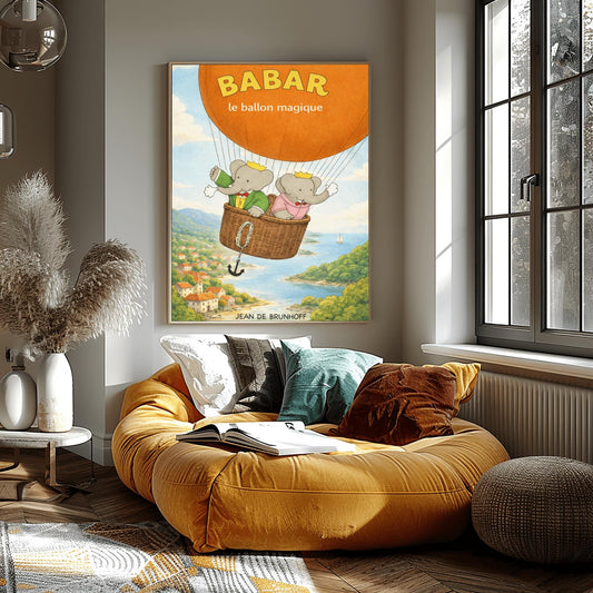 Babar The Elephant Hot Air Balloon Poster - Babar le ballon magique Print - Vintage Nursery Wall Art - Classic French Storybook Illustration