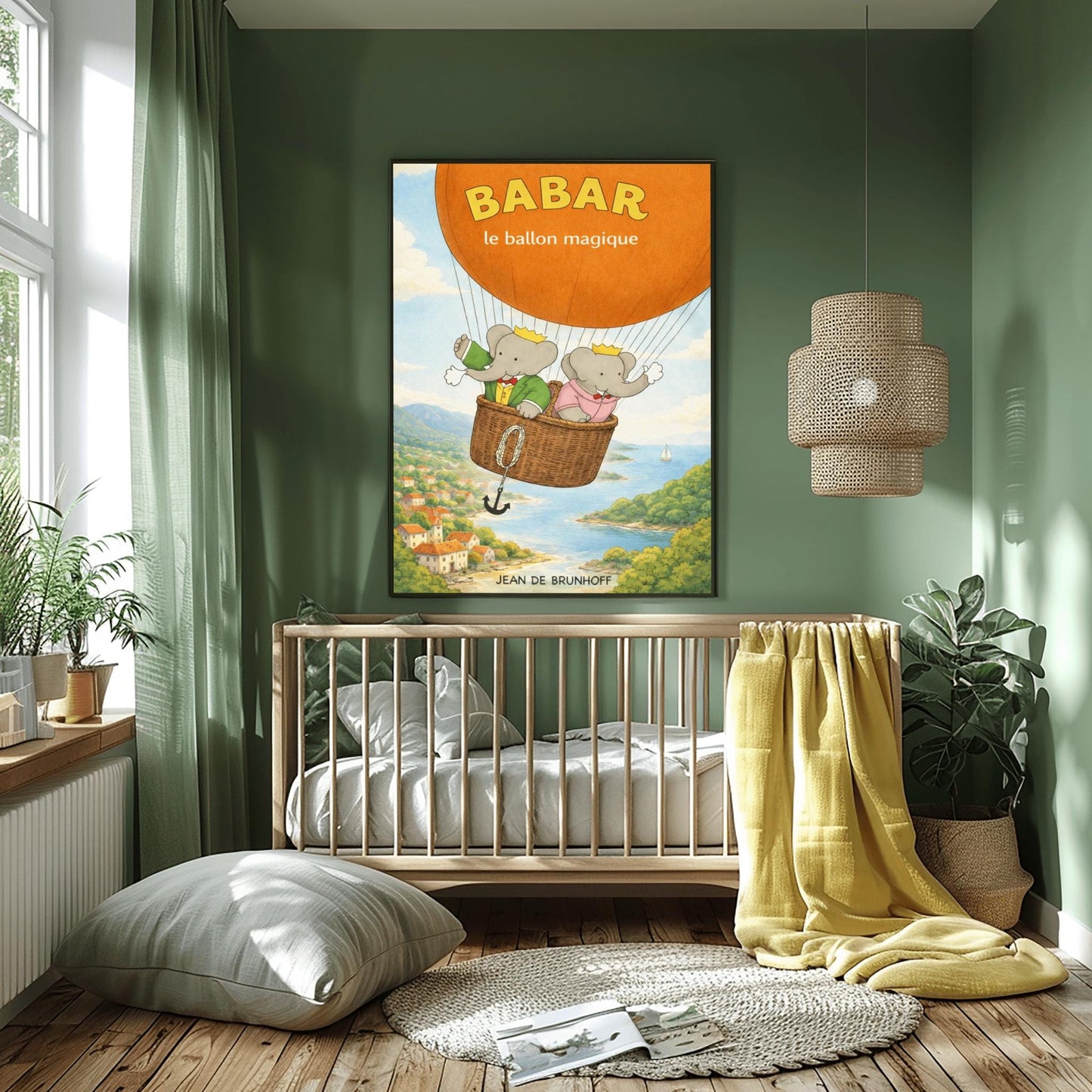 Babar The Elephant Hot Air Balloon Poster - Babar le ballon magique Print - Vintage Nursery Wall Art - Classic French Storybook Illustration