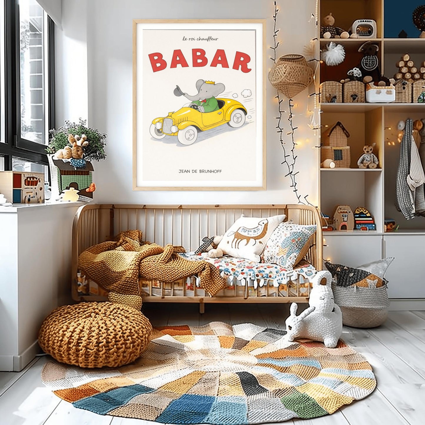 Babar The Elephant Le Roi Chauffeur Poster - Retro Yellow Race Car Print - Jean de Brunhoff Vintage Art