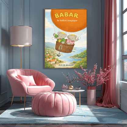 Babar The Elephant Hot Air Balloon Poster - Babar le ballon magique Print - Vintage Nursery Wall Art - Classic French Storybook Illustration