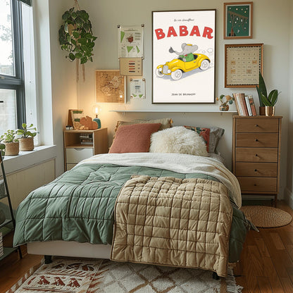 Babar The Elephant Le Roi Chauffeur Poster - Retro Yellow Race Car Print - Jean de Brunhoff Vintage Art