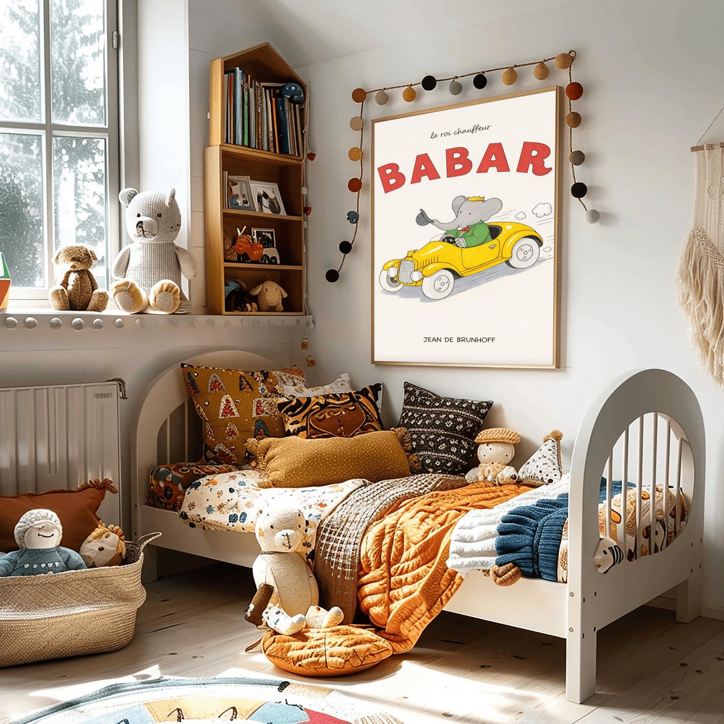 Babar The Elephant Le Roi Chauffeur Poster - Retro Yellow Race Car Print - Jean de Brunhoff Vintage Art