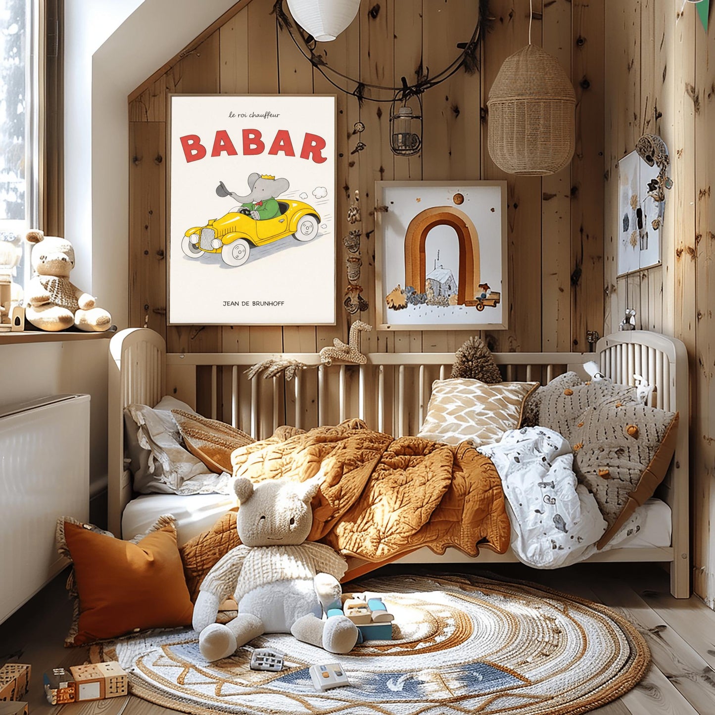 Babar The Elephant Le Roi Chauffeur Poster - Retro Yellow Race Car Print - Jean de Brunhoff Vintage Art