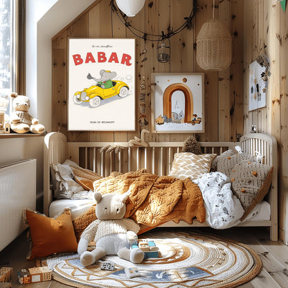 Babar The Elephant Le Roi Chauffeur Poster - Retro Yellow Race Car Print - Jean de Brunhoff Vintage Art