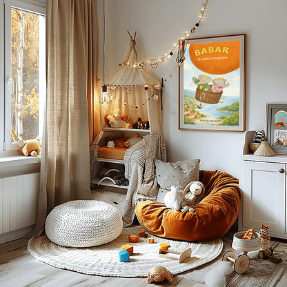 Babar The Elephant Hot Air Balloon Poster - Babar le ballon magique Print - Vintage Nursery Wall Art - Classic French Storybook Illustration