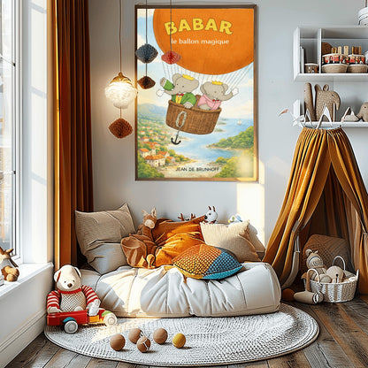 Babar The Elephant Hot Air Balloon Poster - Babar le ballon magique Print - Vintage Nursery Wall Art - Classic French Storybook Illustration