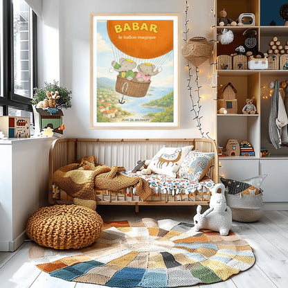 Babar The Elephant Hot Air Balloon Poster - Babar le ballon magique Print - Vintage Nursery Wall Art - Classic French Storybook Illustration