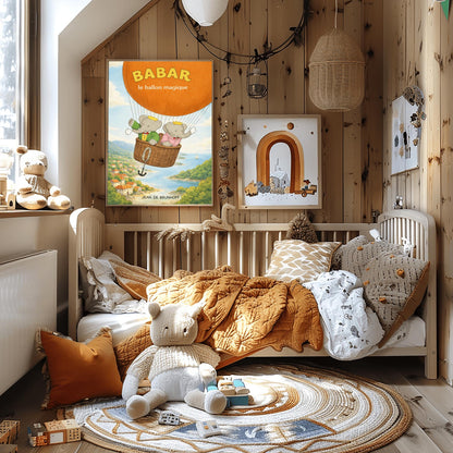 Babar The Elephant Hot Air Balloon Poster - Babar le ballon magique Print - Vintage Nursery Wall Art - Classic French Storybook Illustration
