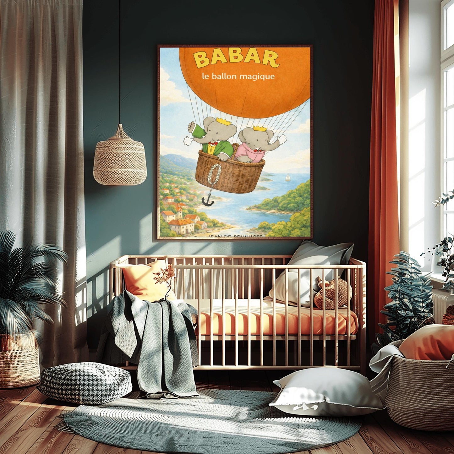 Babar The Elephant Hot Air Balloon Poster - Babar le ballon magique Print - Vintage Nursery Wall Art - Classic French Storybook Illustration