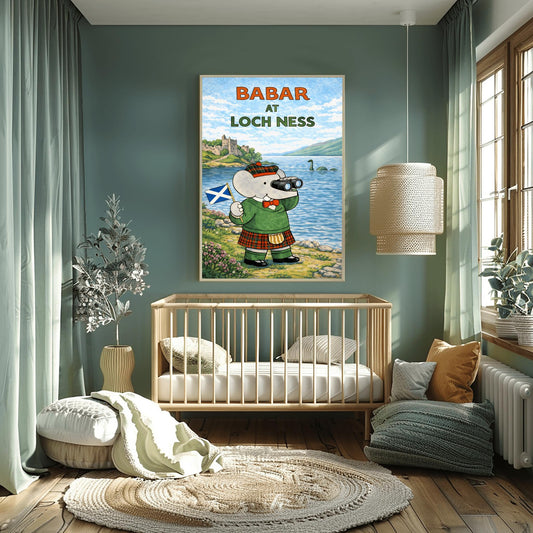 Babar at Loch Ness Poster - Scottish Highland Elephant Art - Retro Nessie Illustration - Kids Adventure Wall Decor