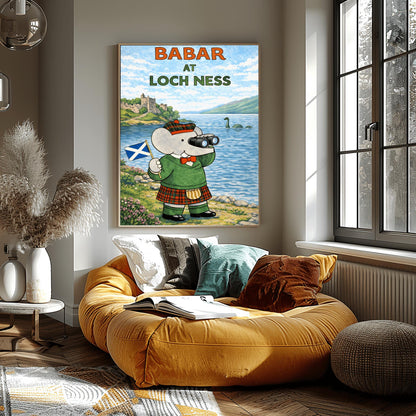 Babar at Loch Ness Poster - Scottish Highland Elephant Art - Retro Nessie Illustration - Kids Adventure Wall Decor