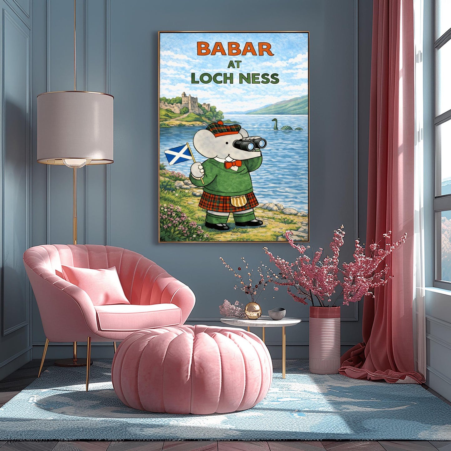 Babar at Loch Ness Poster - Scottish Highland Elephant Art - Retro Nessie Illustration - Kids Adventure Wall Decor