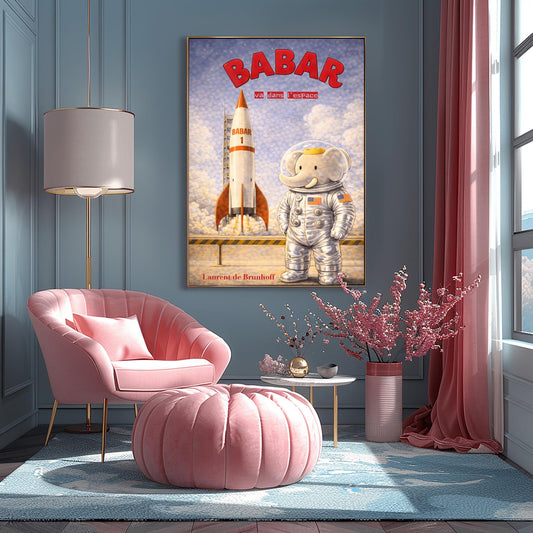 Babar the Elephant in Space Poster - Babar Va Dans L'espace Vintage Print - Astronaut Elephant Wall Art - Retro Rocket Science Nursery Decor