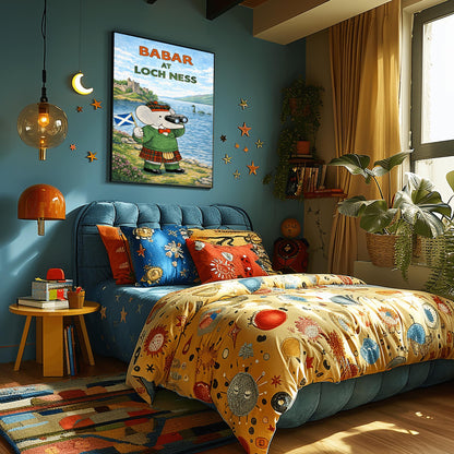 Babar at Loch Ness Poster - Scottish Highland Elephant Art - Retro Nessie Illustration - Kids Adventure Wall Decor