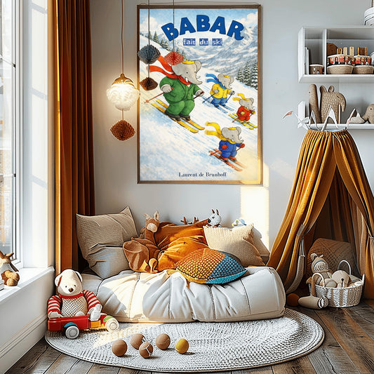 Babar the Elephant Skiing Poster - Babar Fait Du Ski Vintage Print - Retro Nursery Wall Art