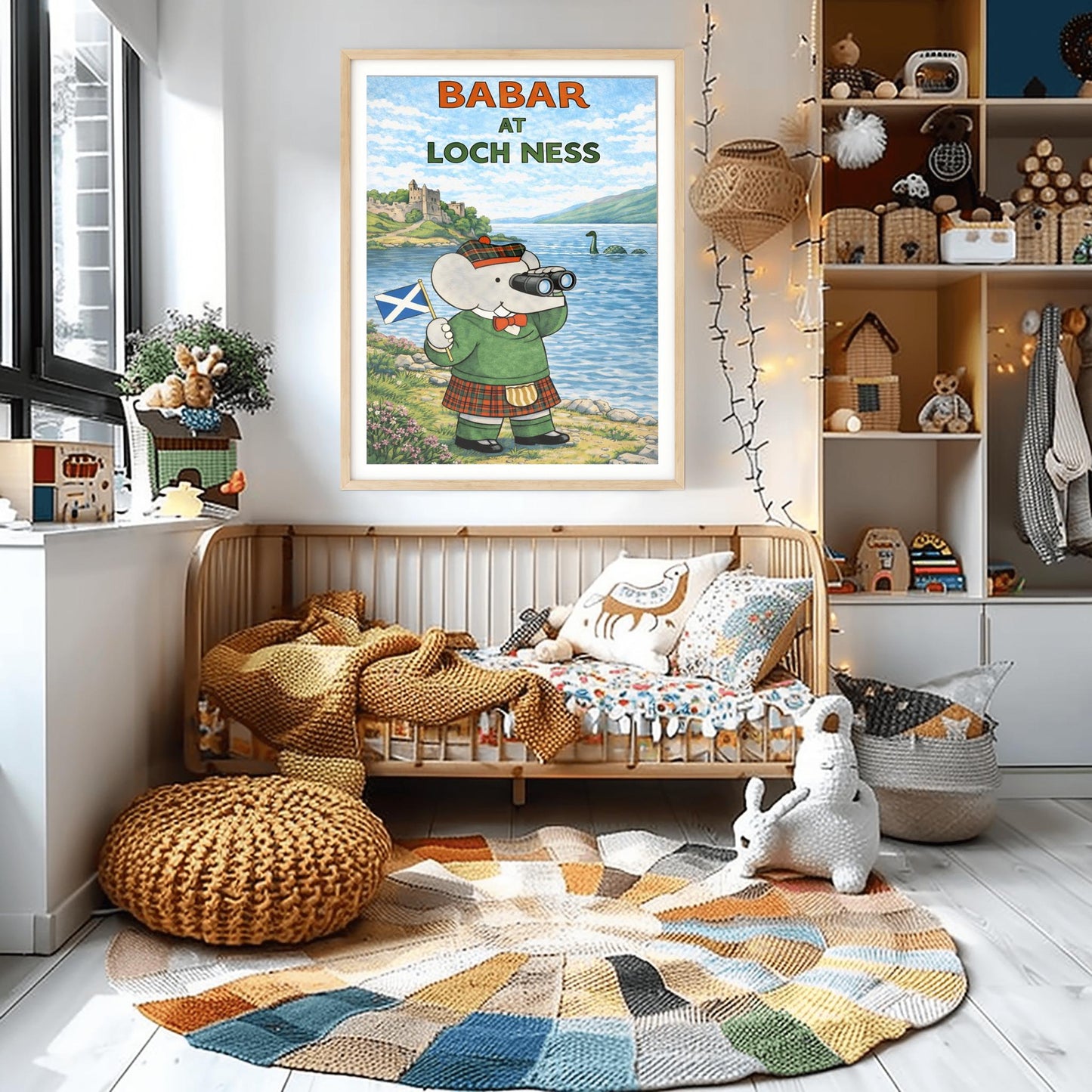 Babar at Loch Ness Poster - Scottish Highland Elephant Art - Retro Nessie Illustration - Kids Adventure Wall Decor